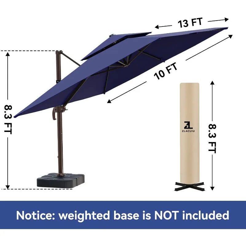 10x13FT Cantilever Outdoor Patio Umbrellas, Double Top Large Rectangle Umbrella, Heavy Duty 360&deg; Rotation Offset Outdoor