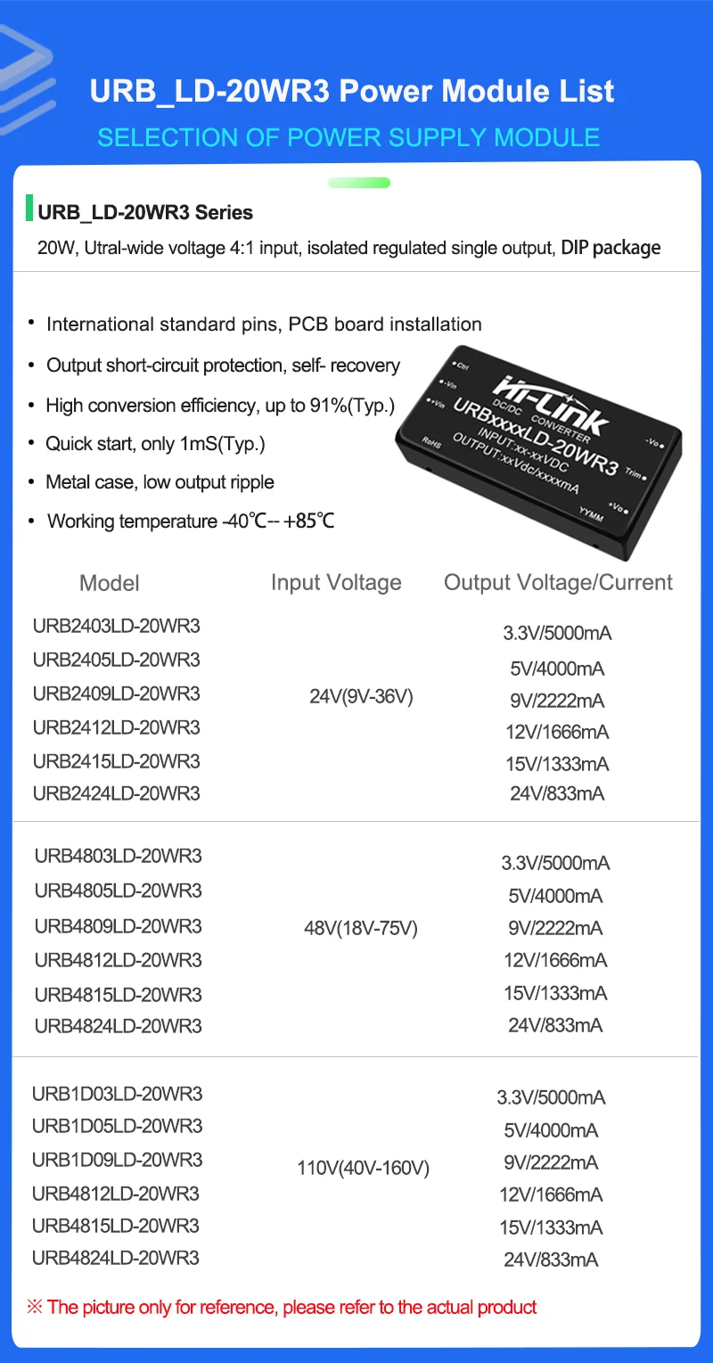 3pcs 하이링크 URB2405LD-20WR3 20W 절연형 DC-DC 전원 모듈 9-36V 와이드 입력 5V 9V 12V 15V 24V 단일 출력 1500V 절연