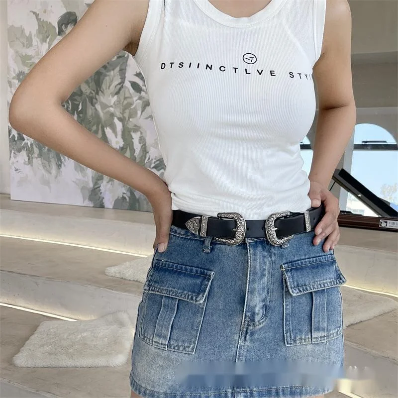 New Spicy Girl Doppia Testa Fibbia ad Ago Pantaloni Stile Semplice da Donna Cintura Tendenza Moda 23 Stagioni_voghion.com