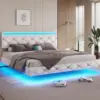 Floating King Bed Frame with LED Lights and USB Ports Modern Upholstered Platform LED Bed Frame King Size,White 1
