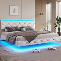 Floating King Bed Frame with LED Lights and USB Ports Modern Upholstered Platform LED Bed Frame King Size,White 1