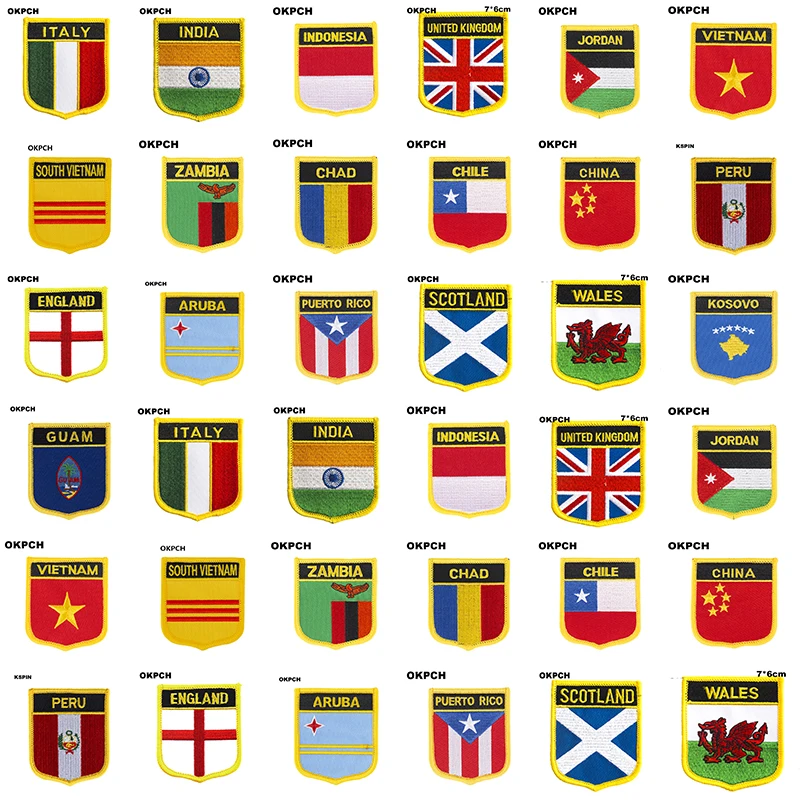 Italia India Indonesia Regno Unito Jordan Vietnam Vietnam Zonciad Cile Cina Bandiera Scudo Forma Ferro Sulle Toppe Del Ricamo