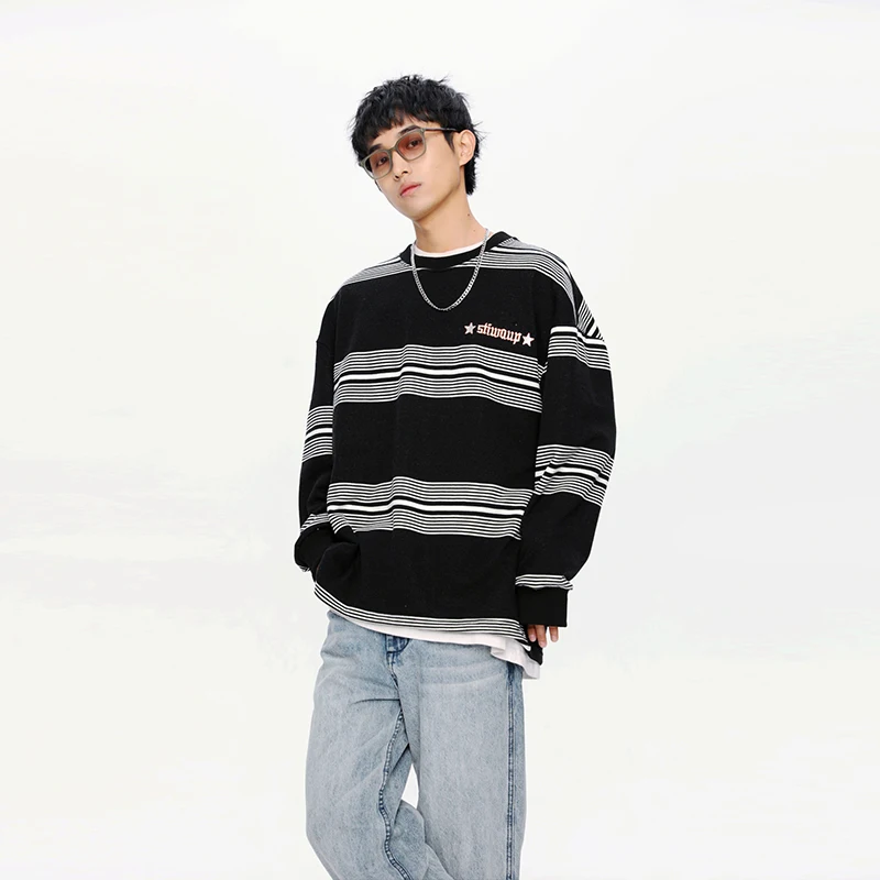 

2022 spring new Japanese retro striped color matching round neck sweater loose casual all-match trendy top