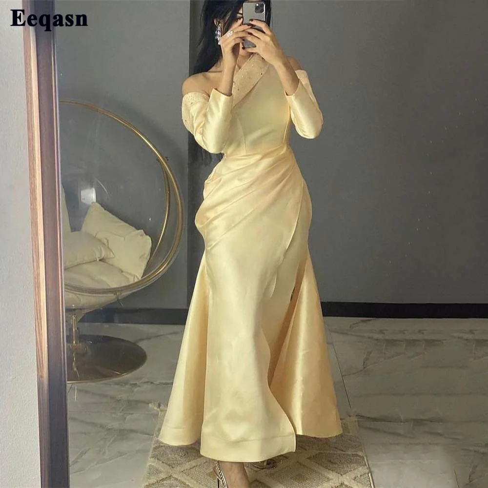 

Eeqasn Yellow Saudi Arabia Evening Gowns Mermaid Satin Long Sleeves Pleats Prom Dresss Women Formal Party Event Dress Bridesmaid