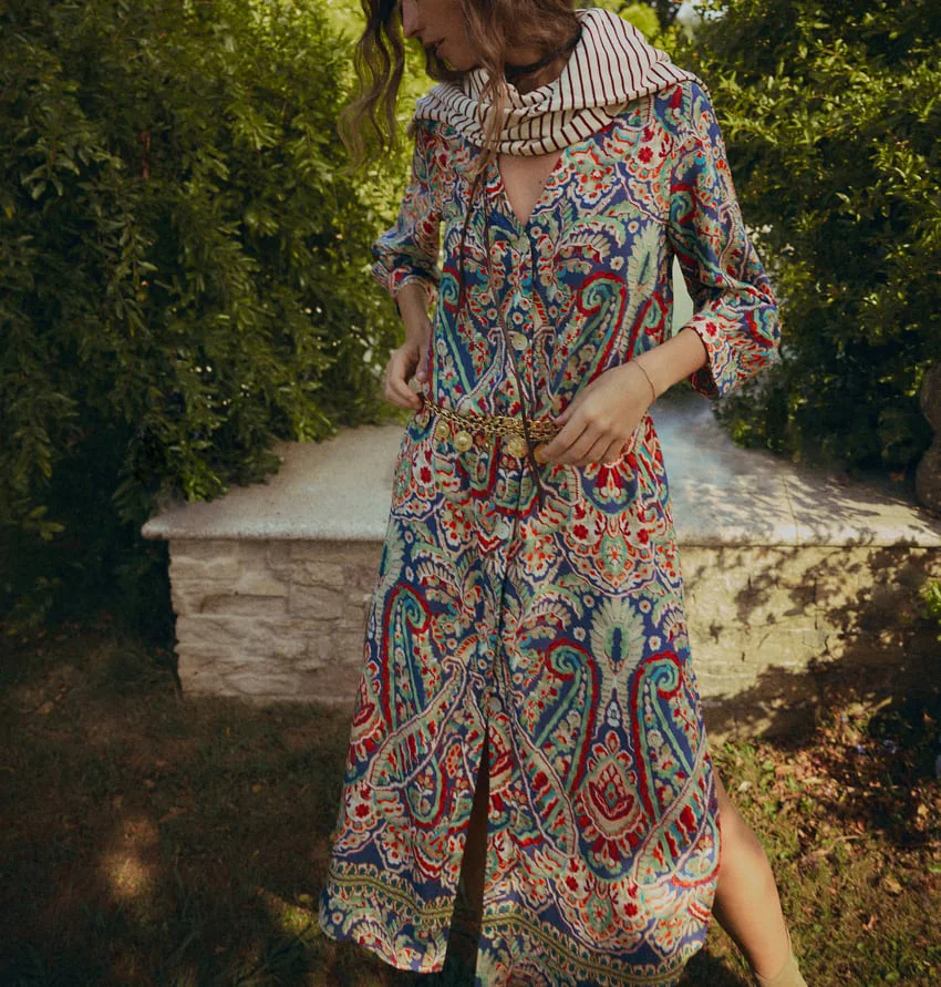 

Fashion Boho Floral Print Ethnic Loose Vestidos Casual V-neck Autumn Dresses 2023 Vintage Long Sleeve Dress for Women