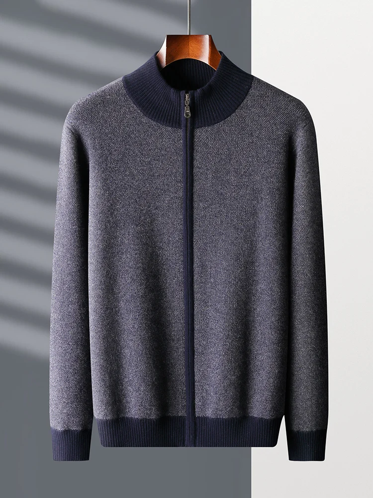 Autumn Winter Thick Men Sweater 100% Cashmere Long Sleeve Mock-neck Zipper Cardigan Soft Warm Large Size Knitwear Men Clothing 3