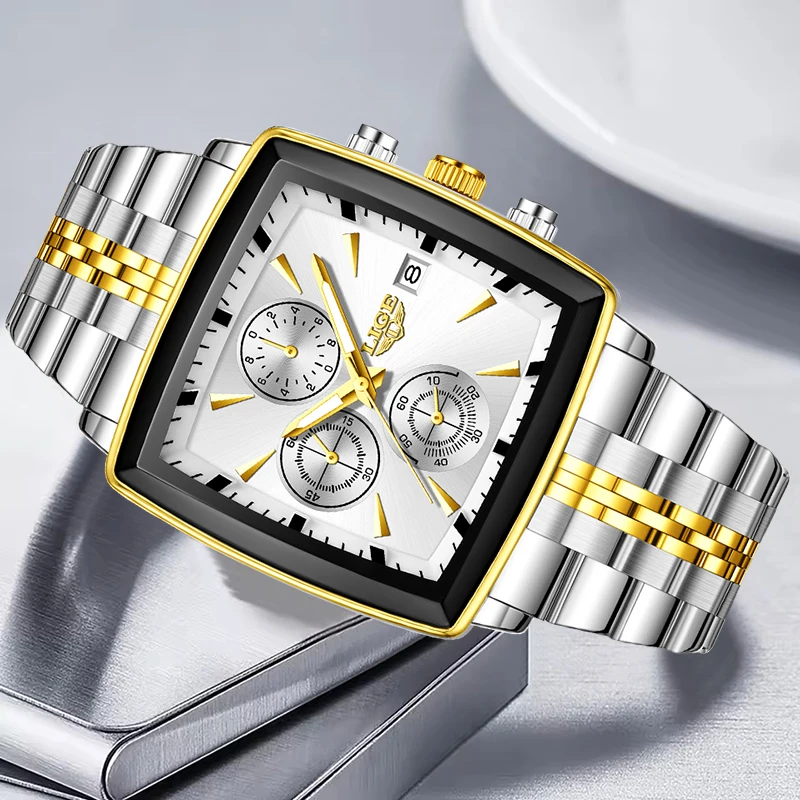 LIGE New Men's Quartz Watch Fashion Business Watch Men Square Stainless Steel Waterproof Luminous Chronograph Relogio Masculino