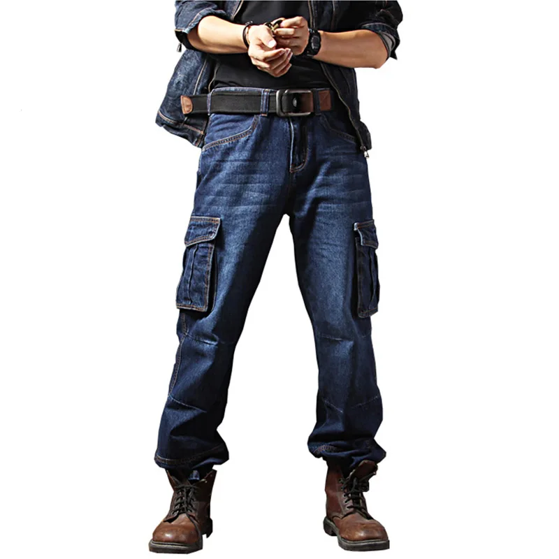 Mcikkny Men Cargo Casual Jean Trousers Multi Pockets Loose Style Motorcycle Denim Pants For Male Size 29-44 Straight 2