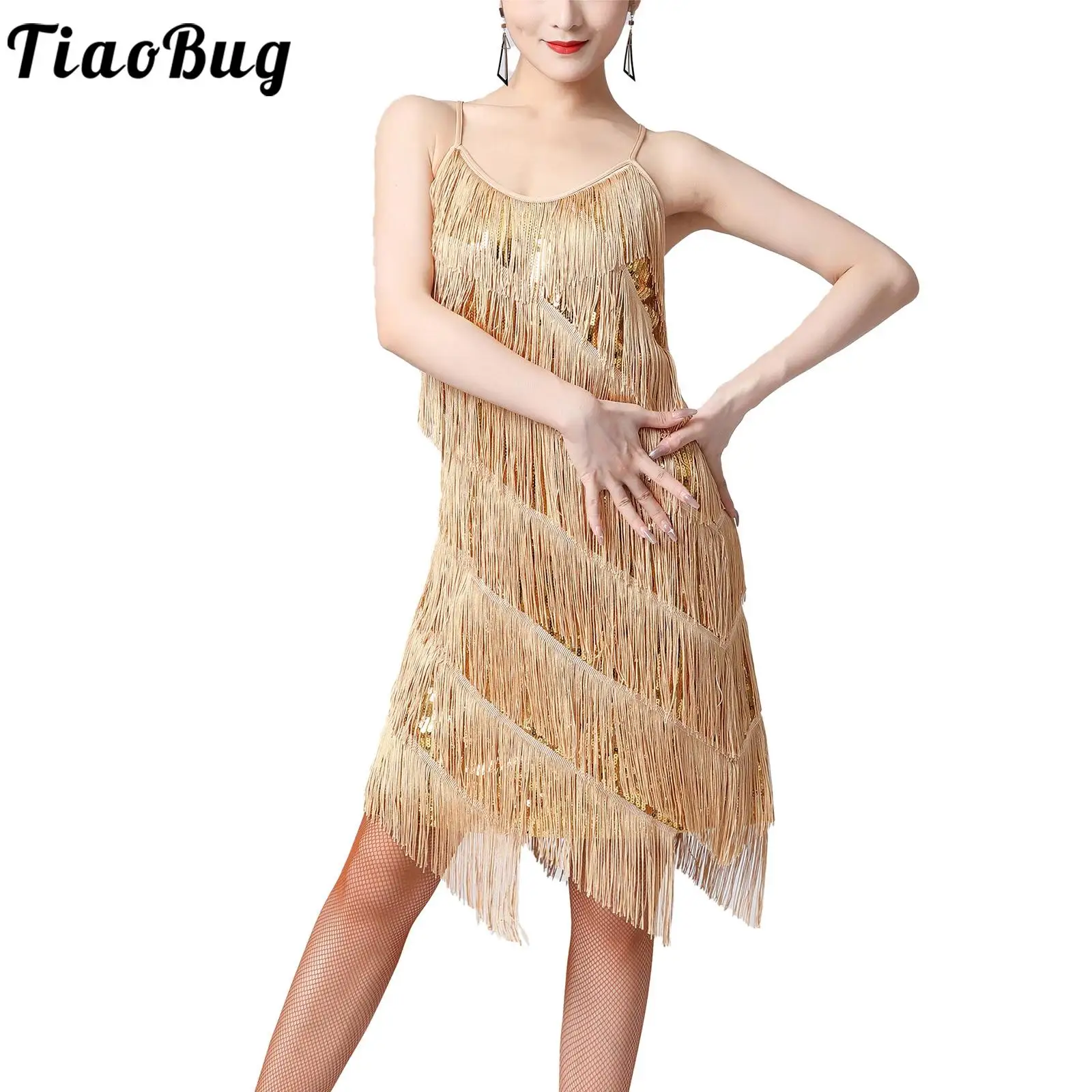 

Womens Latin Dance Dress Sleeveless Sparkly Sequin Fringe Ballroom Salsa Samba Tango Cha Cha Rumba Stage Rave Dancing Costume