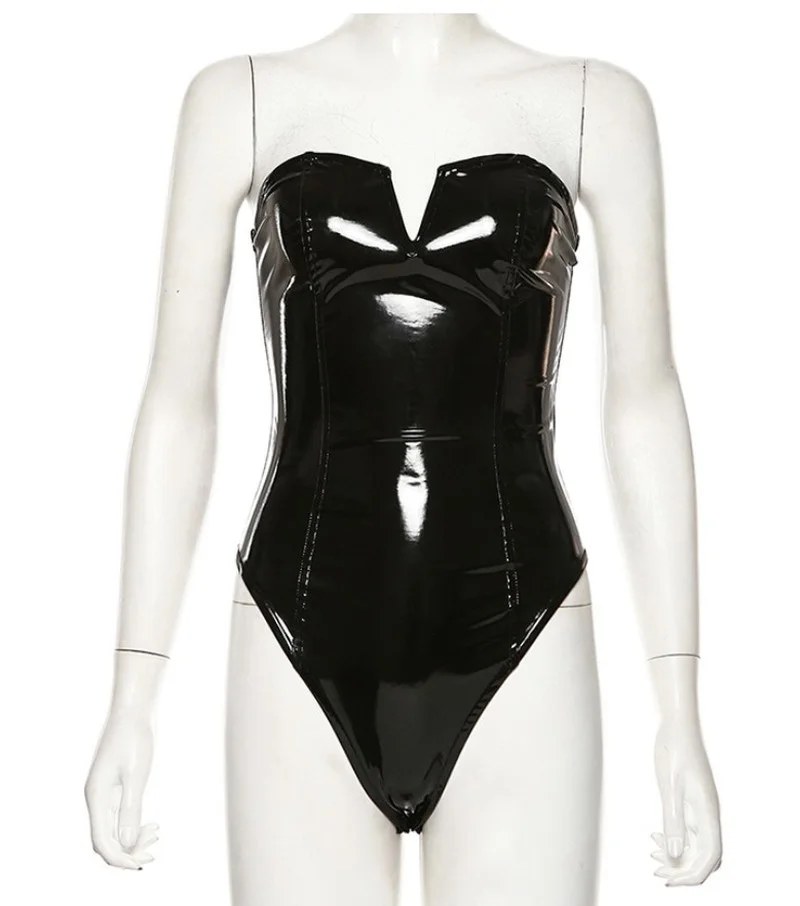 2024 Black PU Leather Bodysuit Women Tops Strapless Bodycon Rompers Womens Jumpsuit Fashion Playsuits y2k Sexy Party Christmas