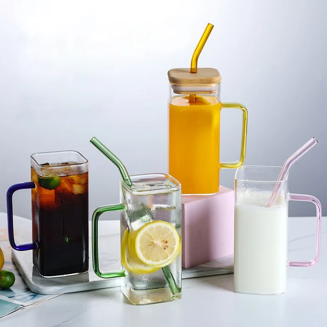 Clear Square Glass Cup with Colorful Handle