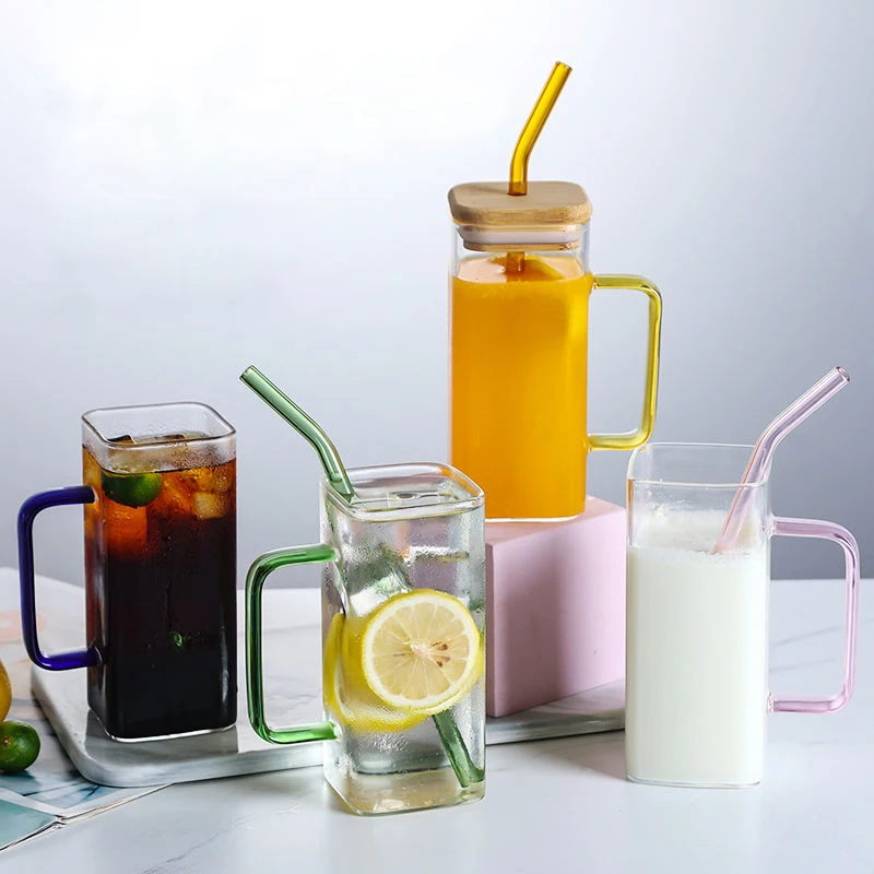 400ml Square Glass Cup with Colored Handle Straw Hot and Cold