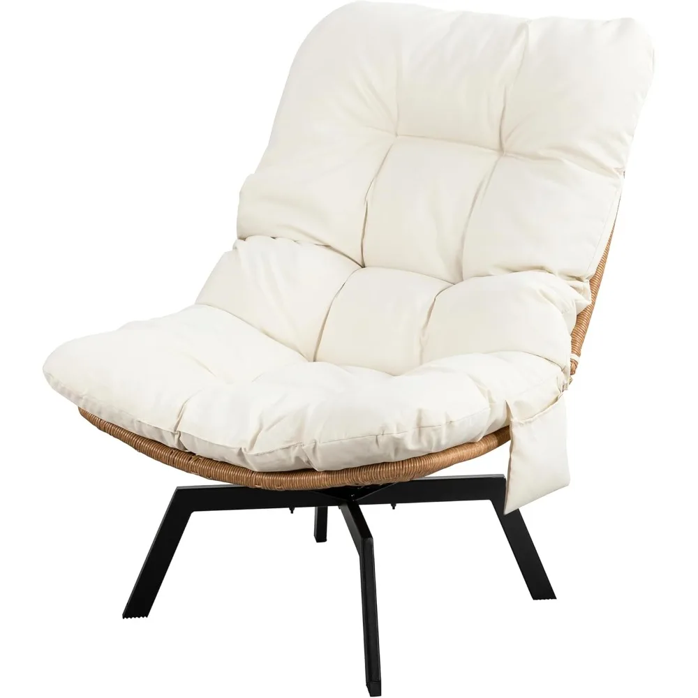 Modern Wicker Swivel Accent Chair with Oversized Seat, Cushion & Phone Pocket for Living Room, Bedroom, Beige