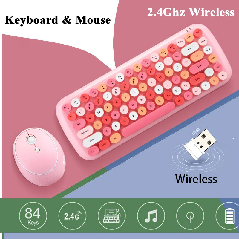 

84 Keys Wireless Keyboard And Mouse Combos Colorful USB Mini Ergonomic Keyboard For Windows Laptop Android PC Tablet Girl Gift
