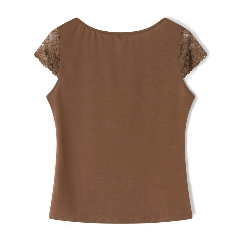 Brown Lace Crop Tops Vintage Aesthetic Women V Neck Short Sleeve T Shirt y2k Fairy Grunge Clothes 2000s Streetwear