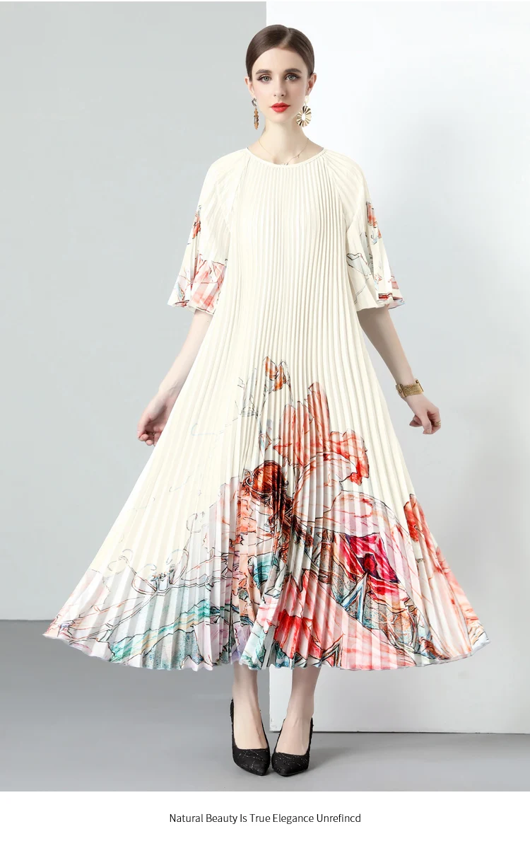 

Pregnant Women Summer Clothes Fashion Print Half Sleeve O-Neck Long Loose Maternity Party Dress Elegant Pregnancy Pleated Dress