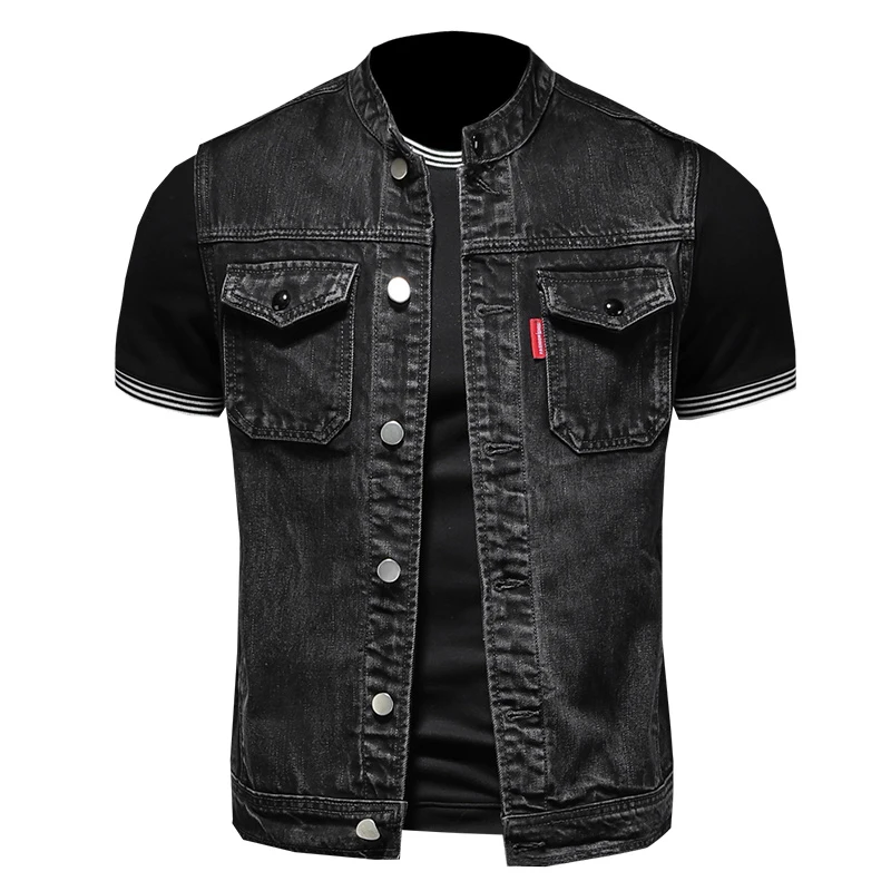 2024 High Quality Fall on The New Fashion Handsome Trend Everything Black Stand Collar Large Size Cowboy Vest Man   Vest for Men 5