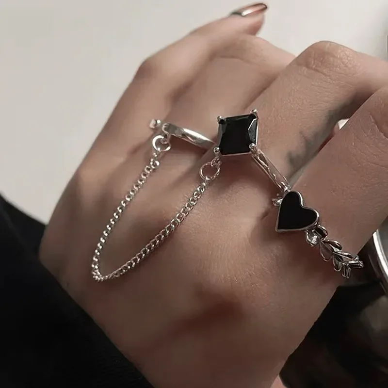 

Cold Style Black Ring with Chain, Suits Female Combination, Ins Love, Minority Fashion Jewelry