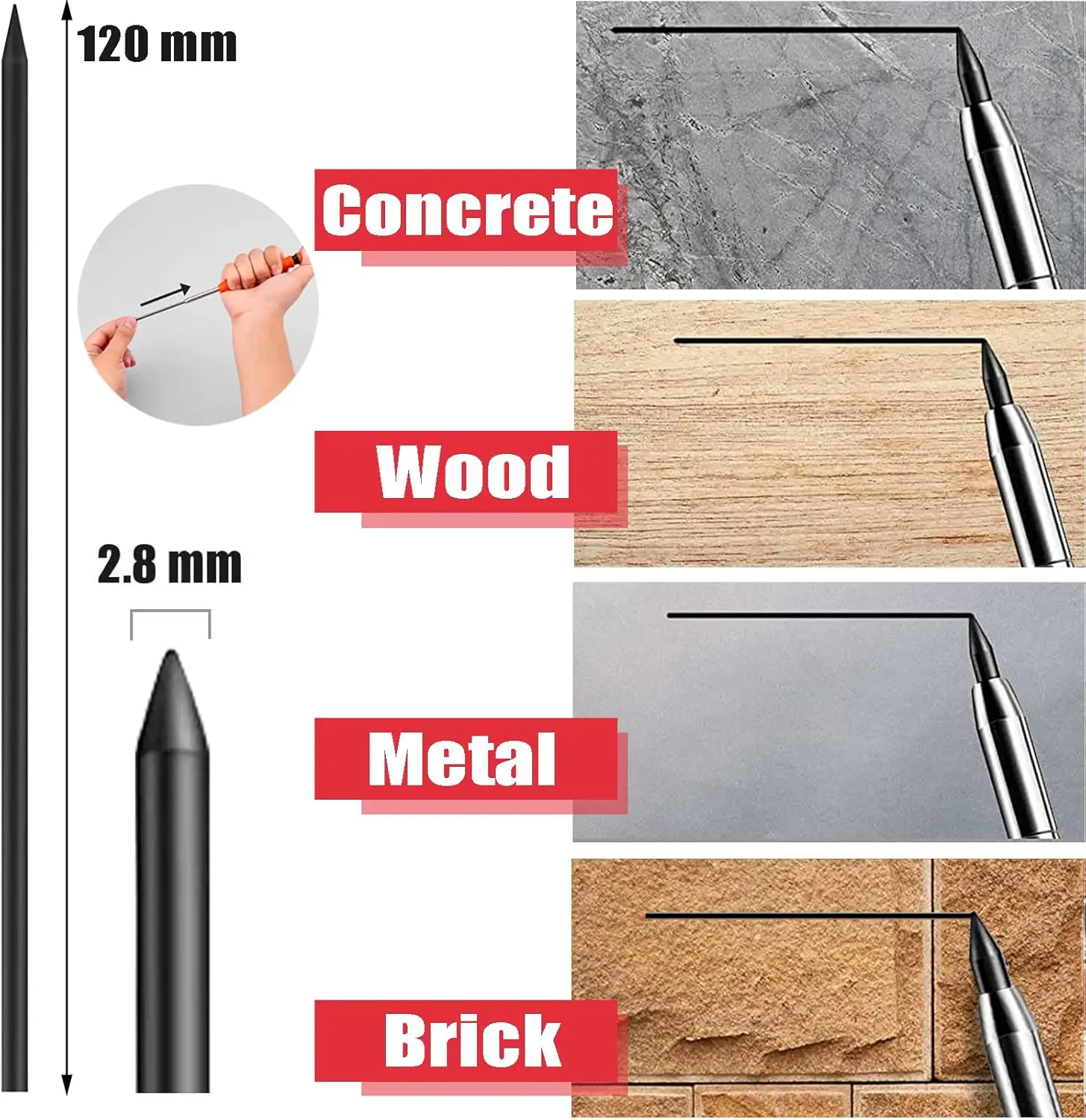 36PCS 2.8mm Carpenter Pencil Lead Refills Solid Deep Hole Construction Pencil Replacements Long Lasting Pencil Refill Black 4