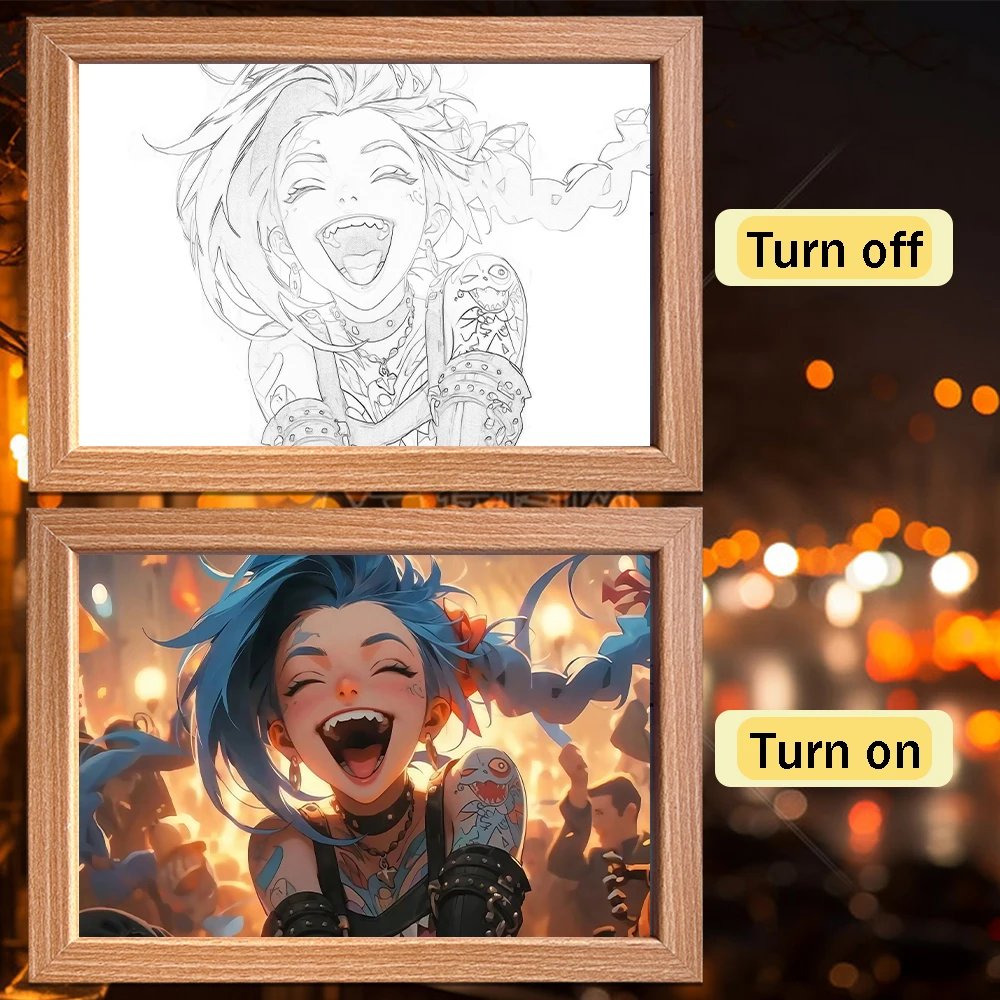 LED Illuminated Anime Frame featuring League of Legends' Jinx – Unique Bedroom Decor & Perfect Gift