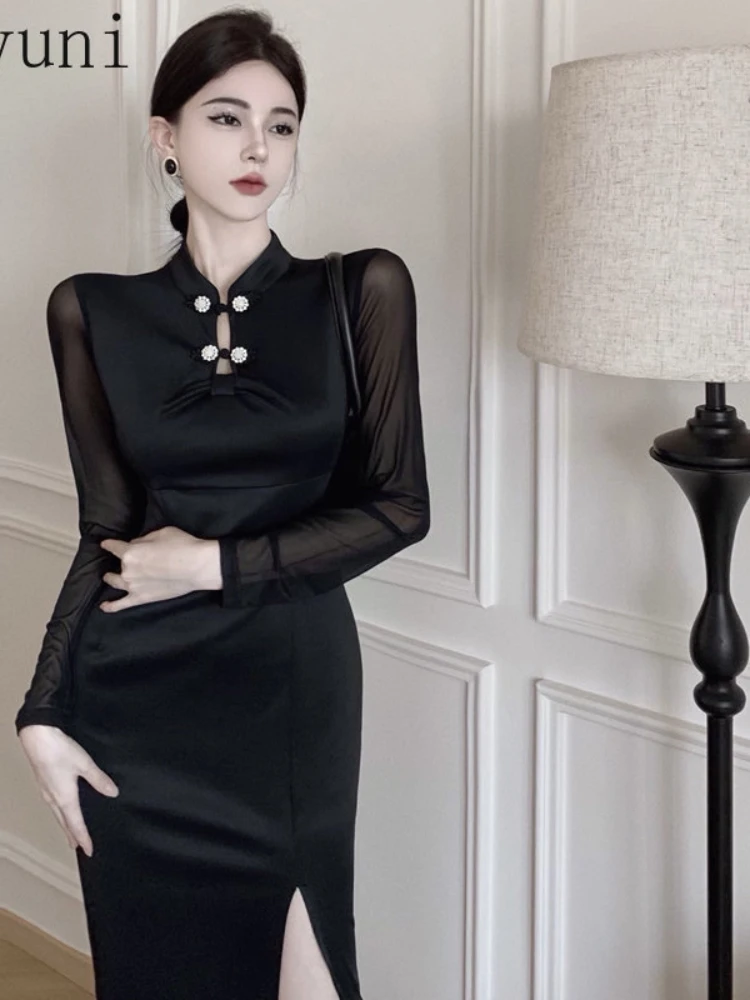 

2023 Sexy Mesh Sleeves Black Dress 2023 New High Waist Slimming Slit Open Leg Midi Dress for Women Spring and Summer Elegant