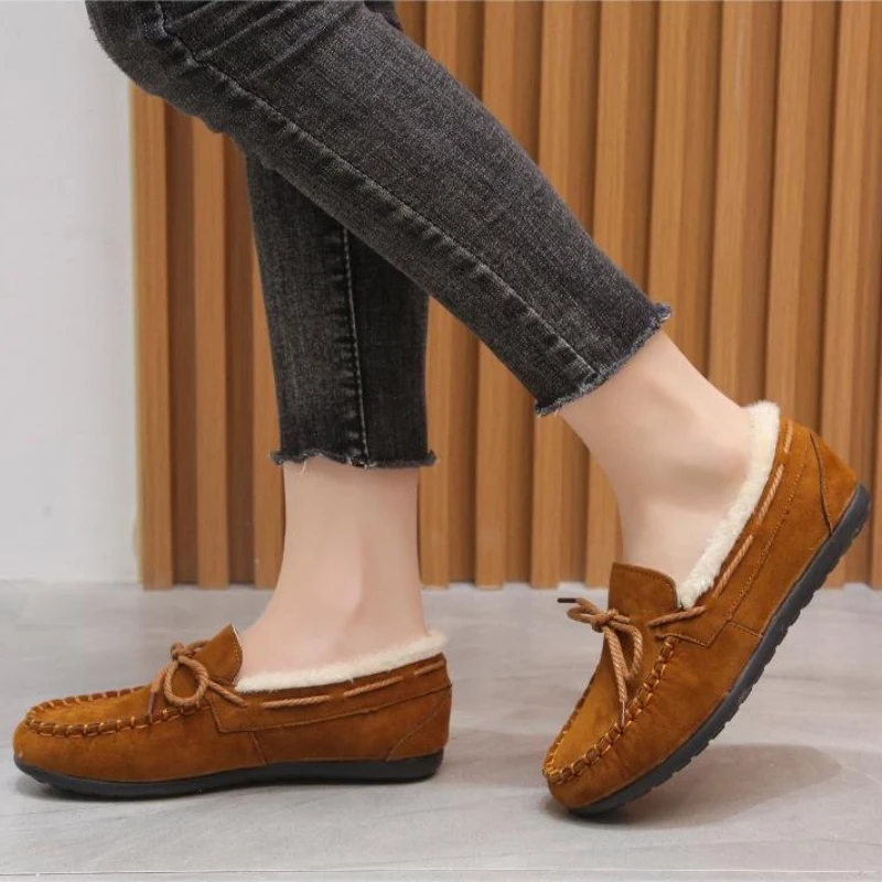 Winter Shoes Women Casual Flat Shoes Women's Moccasins Soft Loafers Fashion Comfort Warm Plush Bow Slip on Female Cotton
