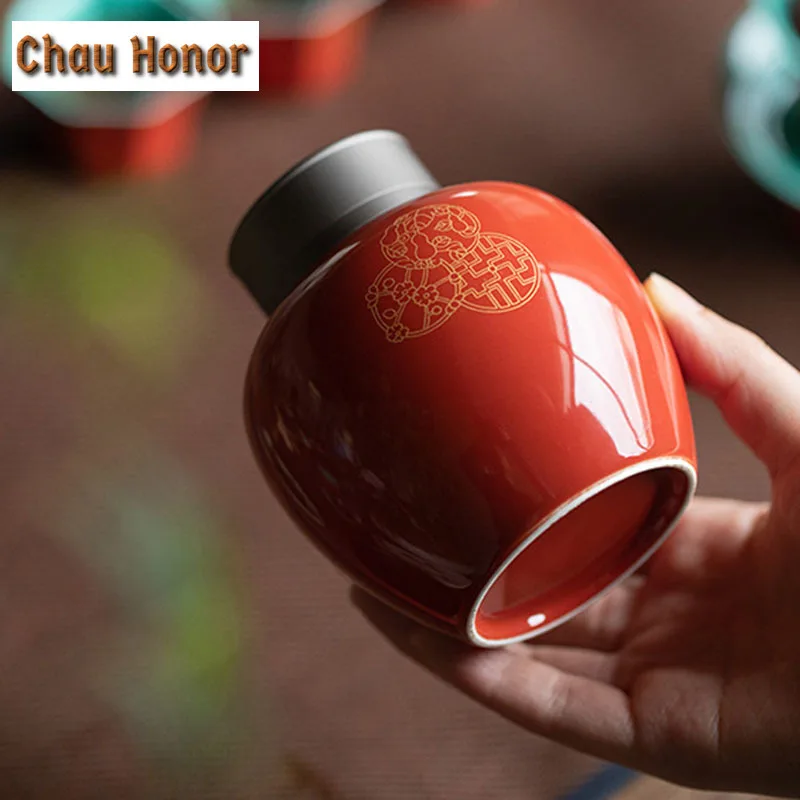 500ml BoutiquePalace Red Glaze Ceramic Tea Can Bronzing Hydrangea Art Tea Caddy Household Tea Leaf Mystery Box Puer Sealed Jar
