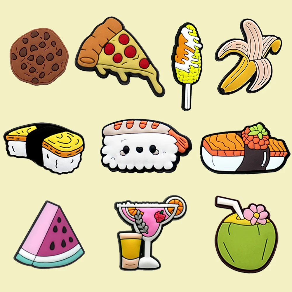 1/10pcs 여성을위한 귀여운 음식 구두 매력 쿠키 피자 옥수수 스시 구두 장식 바나나 수박 음료 코코넛 핀 방해물 청바지