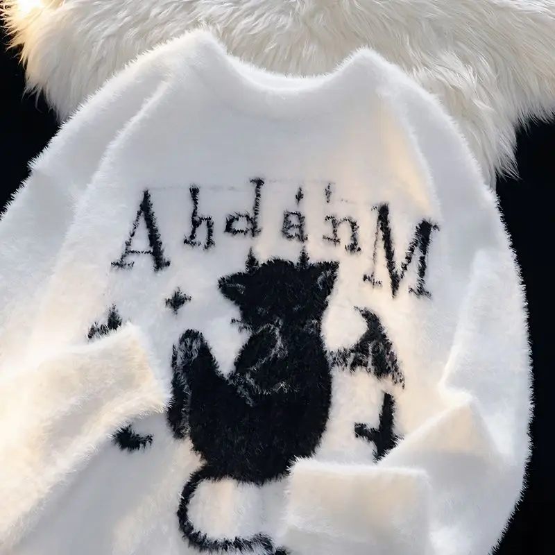 

American retro little devil cat retro hole loose vintage sweater women autumn and winter couples tops oversized y2k clothes