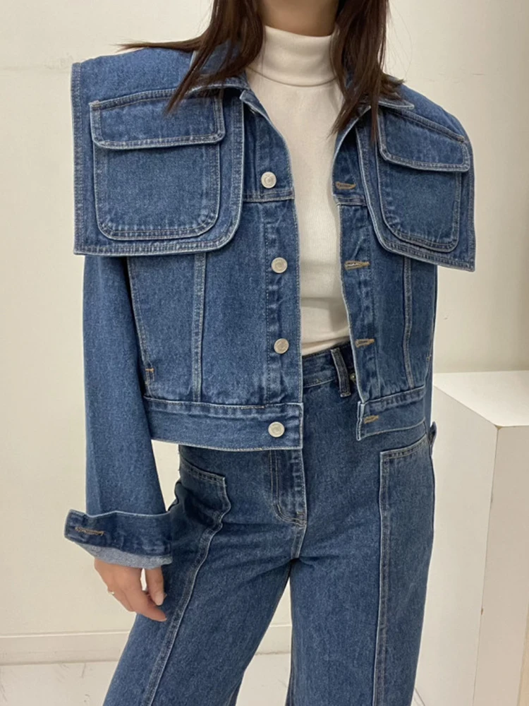 Retro Shawl Pocket Slim Waist Slim Chic Jeans Tops Fashion Single-Breasted Full Sleeve Denim Jacket Coat 2023 Auutmn Winter Coat