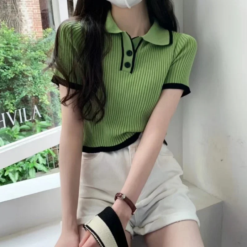 รูปสินค้า เสื้อแขนสั้นทรงรัดรูป คอโปโล สีตัดกัน ฤดูร้อน