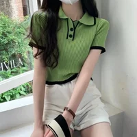 T-shirt manches courtes col Polo pour femme, couleur contrastée, tricoté sur les épaules, Slim, Design Sense, Niche, hauts courts, été 3