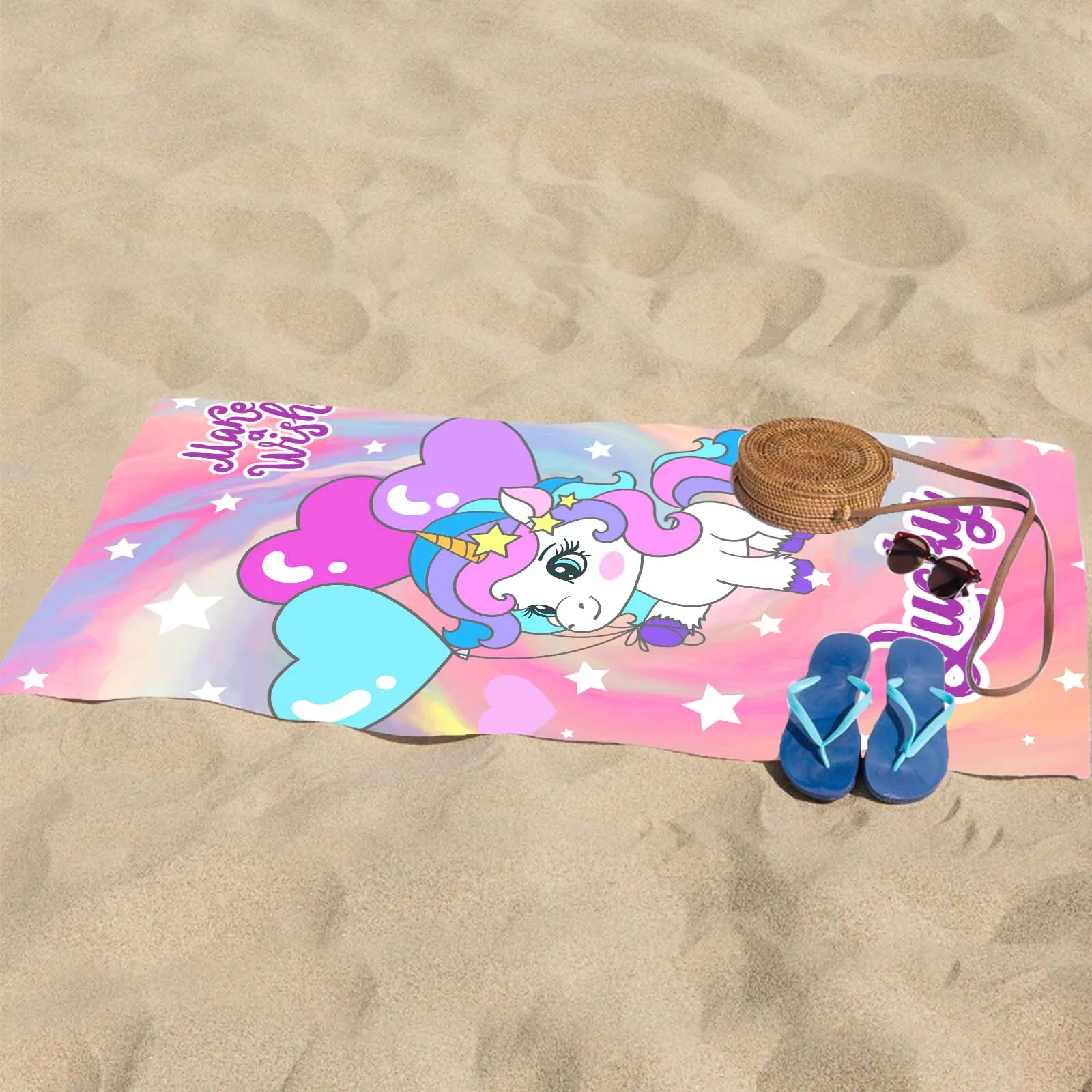 Name Benutzerdefiniertes Cartoon-Strandtuch Niedliches Einhorn Weiche Mikrofaser Reise-Camp-Handtuch Saugfähiges, schnell trocknendes Badetuch Geschenk für Mädchen – Detail 16