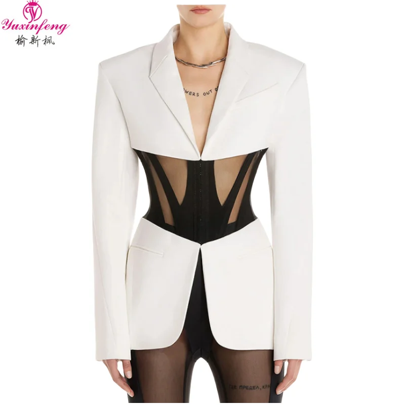 YuXinFeng Personality Perspective Sexy Ladies Blazer White Spring Autumn Long Sleeve Slim Mesh Patchwork Fishbone Fashion Coat