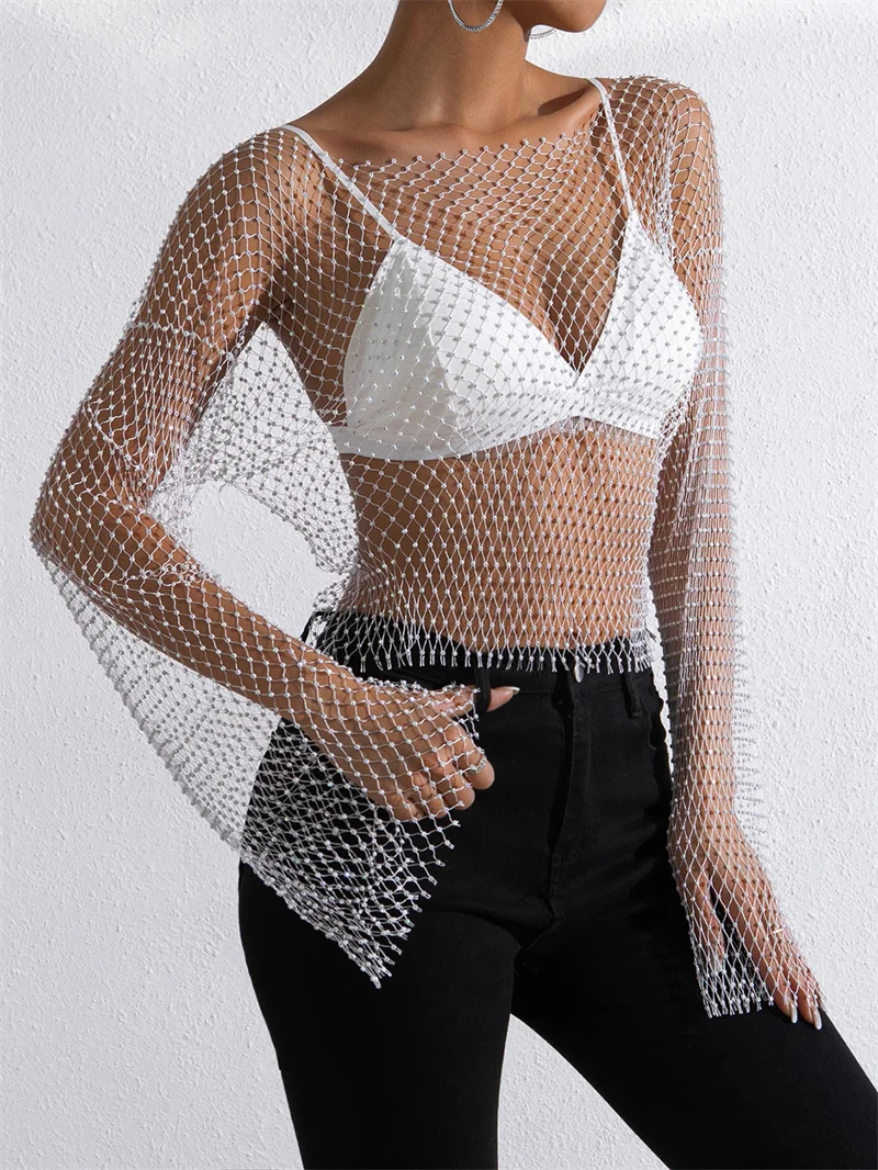 Sexy Frauen T-Shirts Fisch netz funkelnden Strass Langarm aushöhlen schiere Bluse Nachtclub Rave Party y2k Streetwear Tops T-Shirt – Detail 6