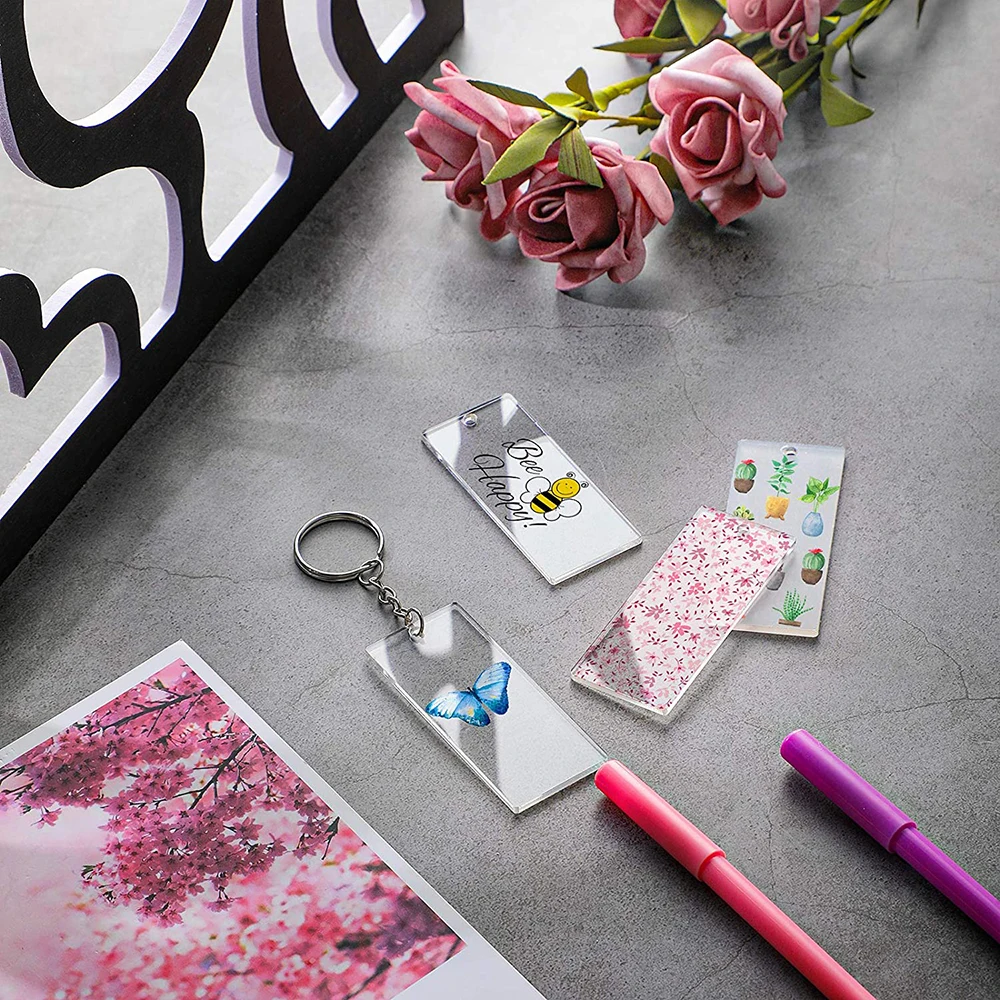 Transparent Acrylic KeyChain Blank Charms Key Chains Jump Ring 90Pcs for DIY Craft Ornament Engrave Painting