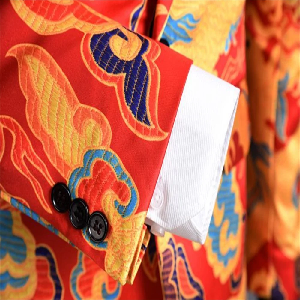 2023 New Dragon Pattern Print Men Suits Chinese Style Red Male Slim Fit Blazer Stage Party Fashion Jacket Pants Suit 2 Piece Set