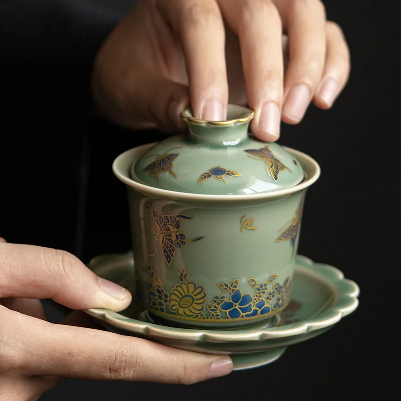 Chinese style retro celadon covered bowl creative ceramic tea bowl large tea cup Kung Fu set brewing