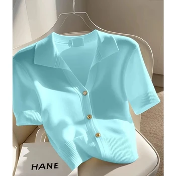 Women's Cardigan New 2025 summer short-sleeved T-shirt female knitted Sweater Casual All-match Loose Ladies Tops 1