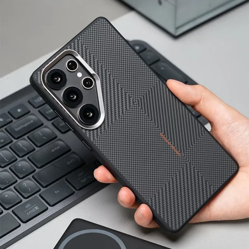 Premium Carbon Fiber Texture Alloy Lens Case with Magnetic Wireless Charging and Anti-Drop Protection
