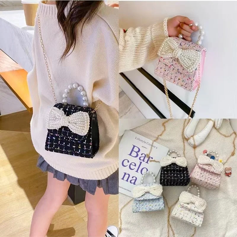 Fashion Kids Messenger Bags with Girls Pearl Handle Cute Bow Exquisite PU Crossbody Coin Purse Accessory Princess Shoulder Bag