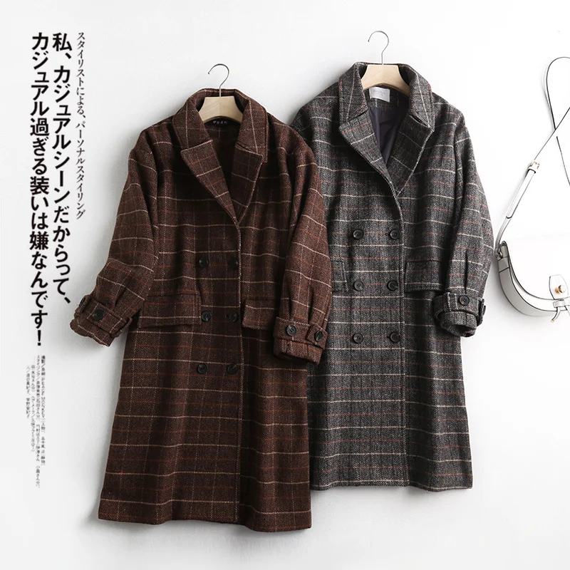 

2022 New Autumn Winter Women Warm Wool Plaid Coat Fashion Blends Outwear Female Korean Streetwear Thick Long Coats