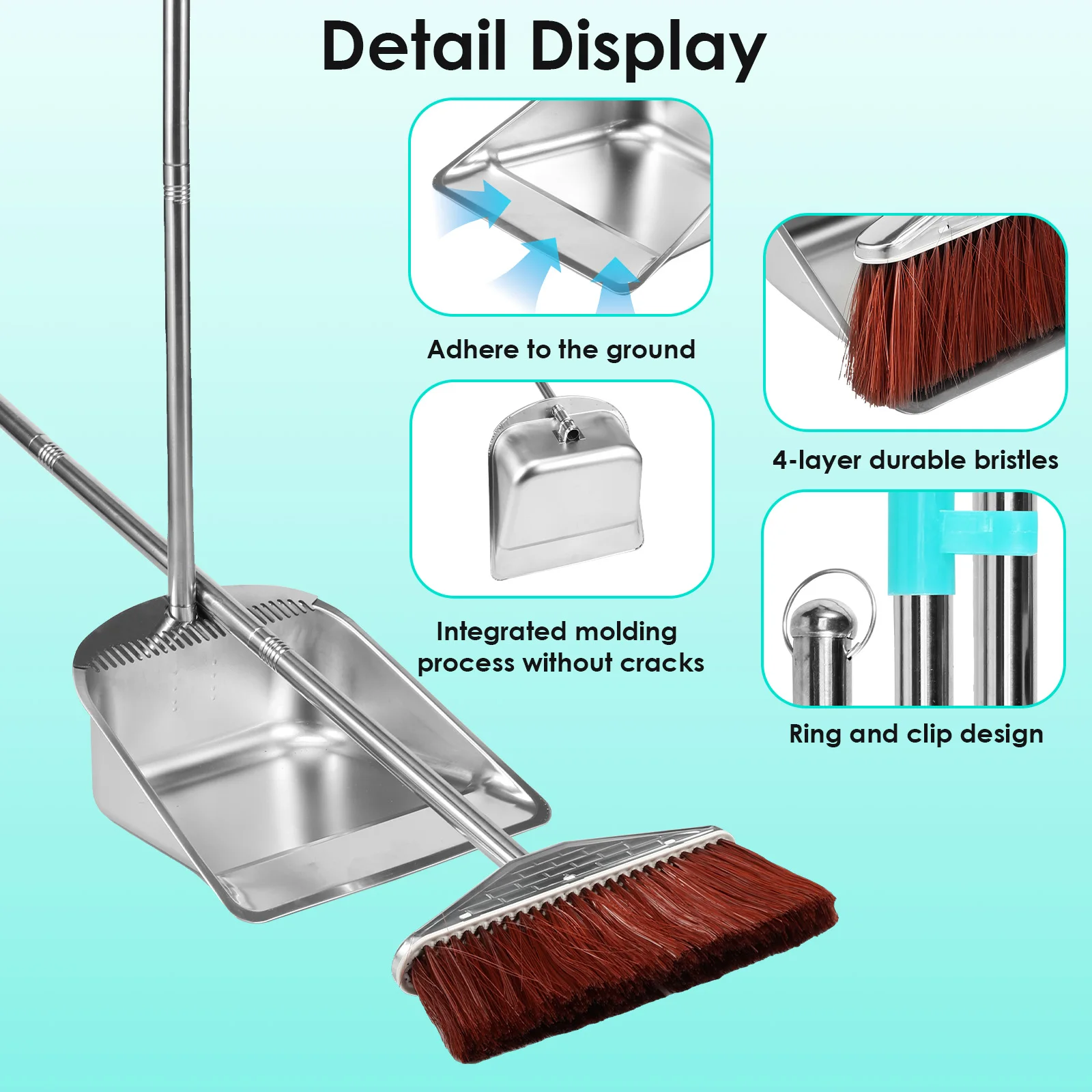 Stainless Steel Broom Dustpan Set Heavy Duty Dust Pan with Comb Teeth Long Handle Rust-proof Clean Tools for Home Indoor Outdoor