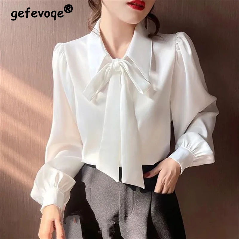 Women's High Quality Designer Bow Lace Up Button Up Shirt Fashion Office Lady Elegant Blouse Long Sleeve Loose Tops White Blusas