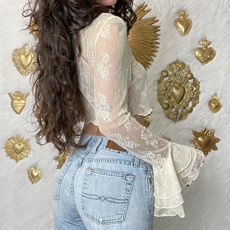 HOUZHOU Y2k Transparent Chiffon Blouse Women Vintage Lace Crop Cardigan Long Sleeve Sexy V Veck Shirts Aesthetic Korean Fashion