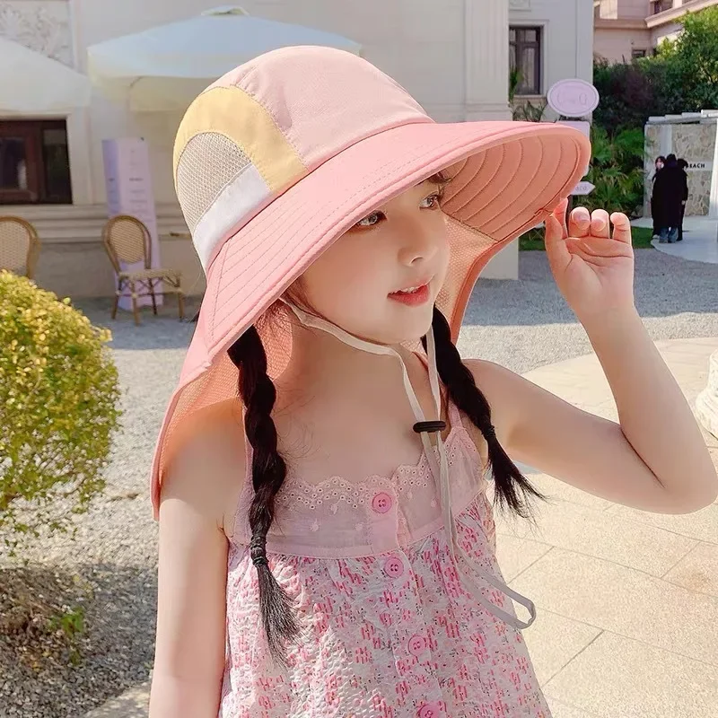 Summer Baby Sun Hat with Neck Flap UV Protection Strap Wide Brim Beach Hats Kids Bucket Hat Cap for Boys Girls Outdoor baby hat kids sun hat kids bucket hat