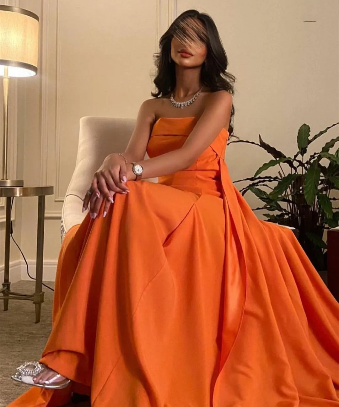 

Elegant Long Orange Satin Evening Dresses A-Line Floor Length Zipper Back Pleated Prom Dress Pleated فساتين السهرة for Women