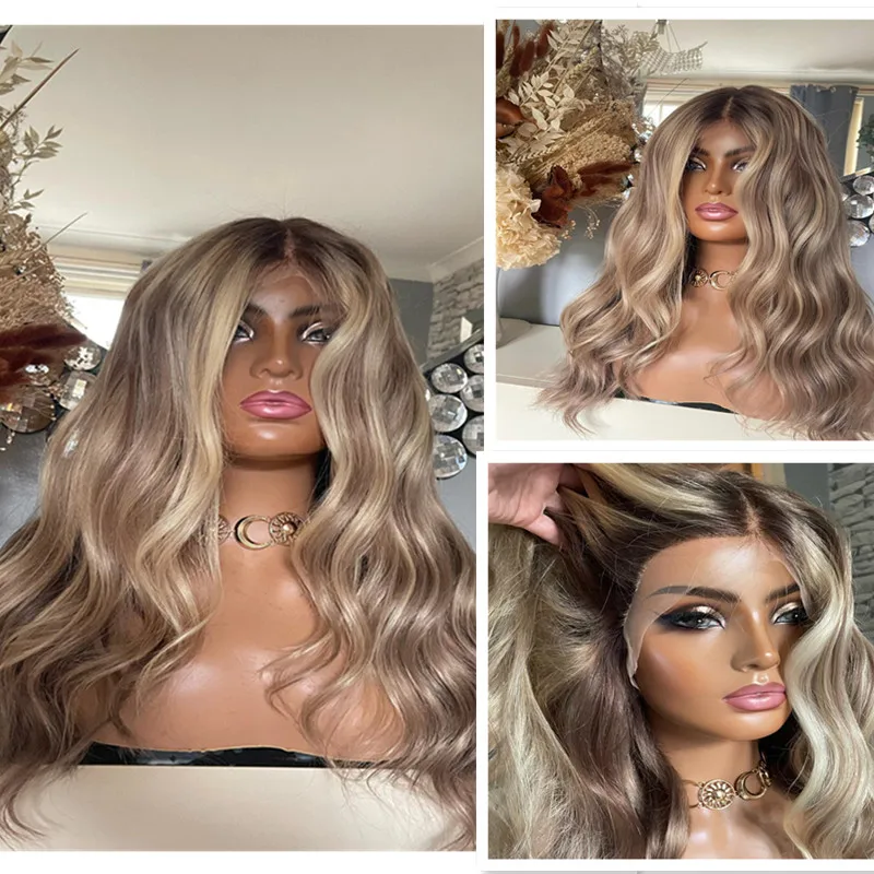 Natural Curly Lace Front Wigs Light Brown Honey Blonde Highlights Cosplay Party Synthetic Lace Front Wig 13x4 High Heat Fibre