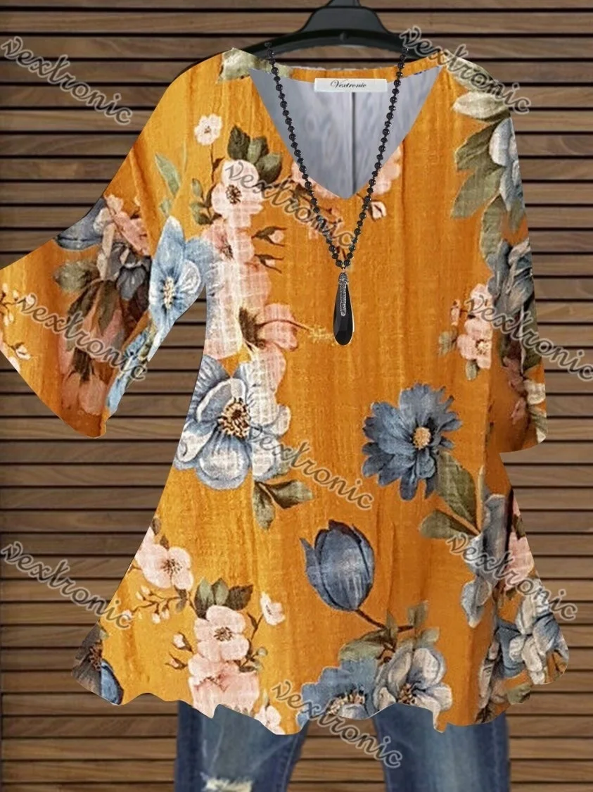 Women's Tops Causal Loose Floral Printed T Shirts Summer V-neck Tops