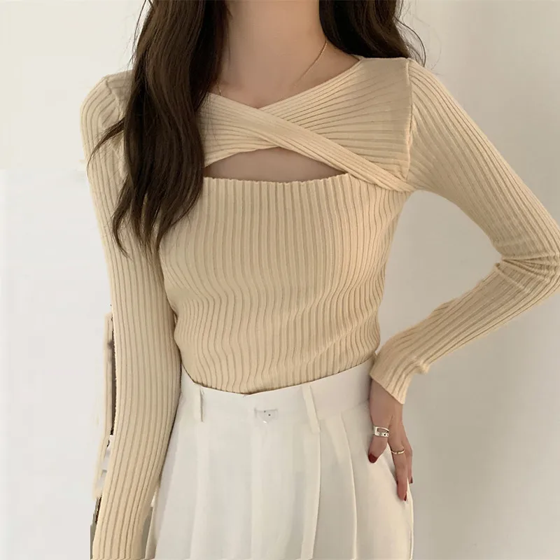 

Sexy Hollow Out Knitted Sweaters Women Fall Harajuku Slim Y2k Pullovers Fashion Female Casual Korean Long Sleeve Jumper Tops New
